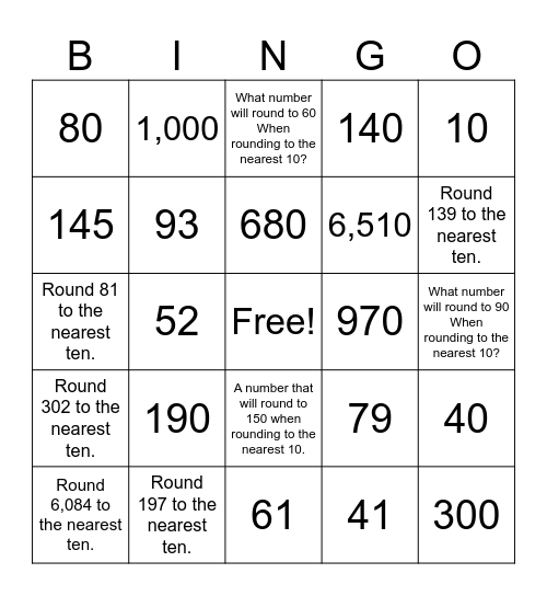 Rounding To The Nearest Ten Bingo Card