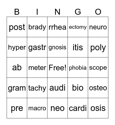 Medical Terminology Bingo Card