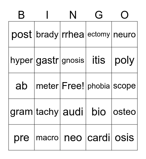 Medical Terminology Bingo Card