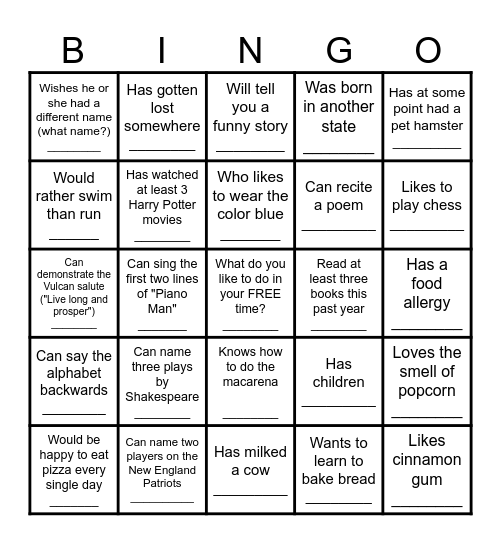 Icebreaker Bingo - Find Someone Who .... Bingo Card