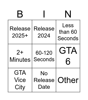 GTA Trailer Bingo Card