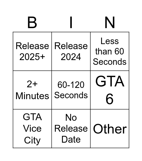 GTA Trailer Bingo Card