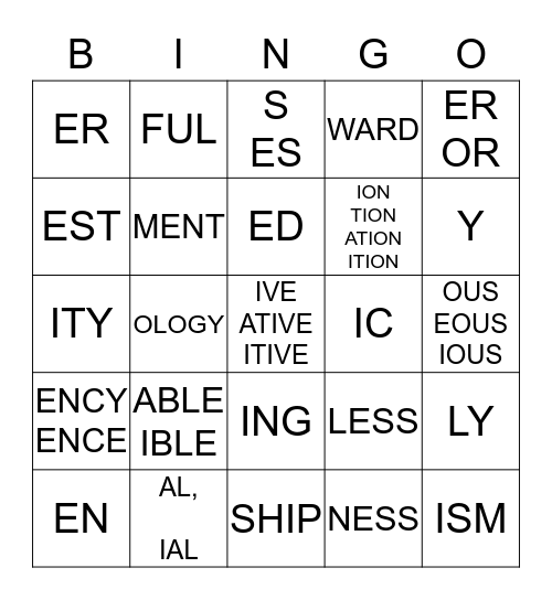 WORD ORIGINS SUFFIXES Bingo Card