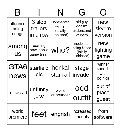 vga 2023 Bingo Card