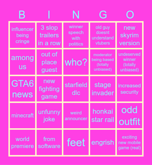 vga 2023 Bingo Card