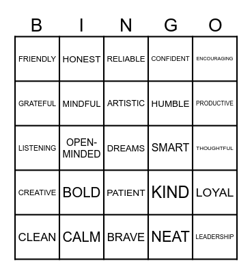 VALUES Bingo Card