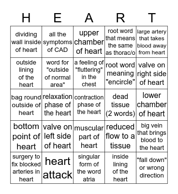 Medical Terminology Cardiovascular System Bingo Card