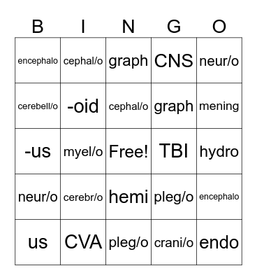 The Nervous System Vocabulary Bingo Card