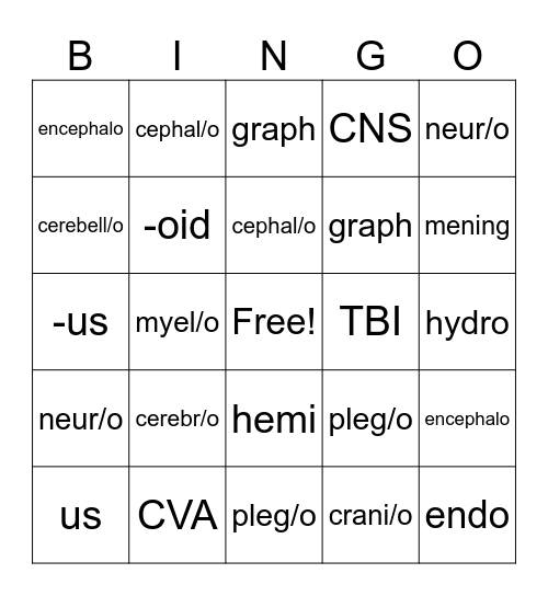 The Nervous System Vocabulary Bingo Card