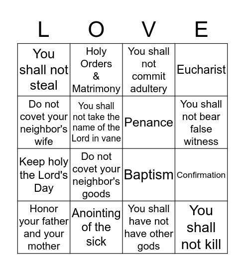 Ten Commandments & Sacrement Bingo Card