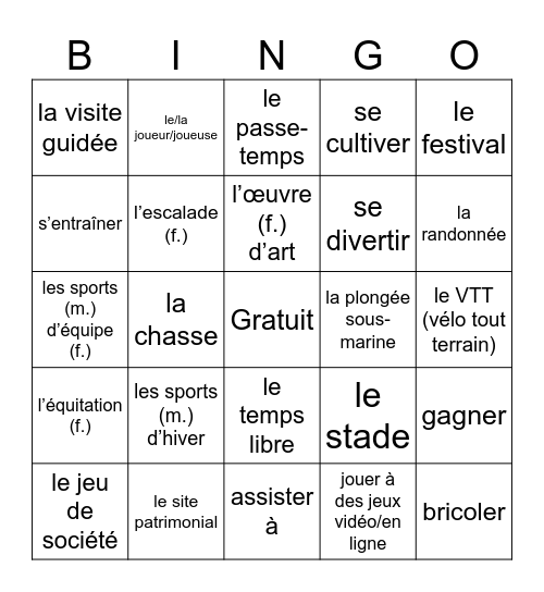 Fr 4  Unit 3 vocabulaire Bingo Card