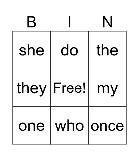 Tricky Words Bingo Card