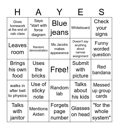 Hayes Bingo Card