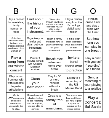 Band Winter Break Bingo Card