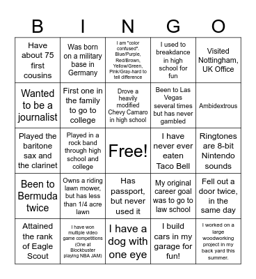 Fun facts about team members Bingo Card