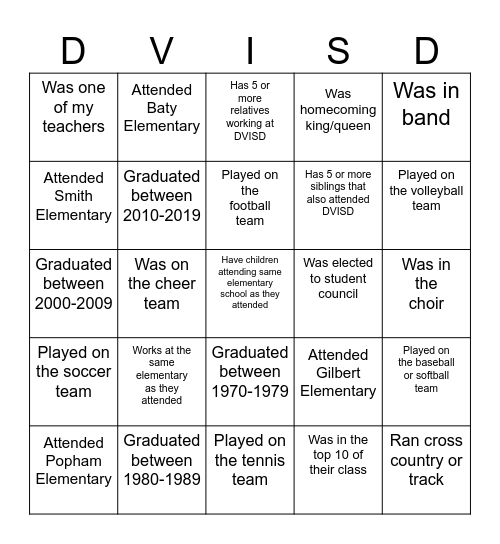 DVISD Alumni Bingo Card