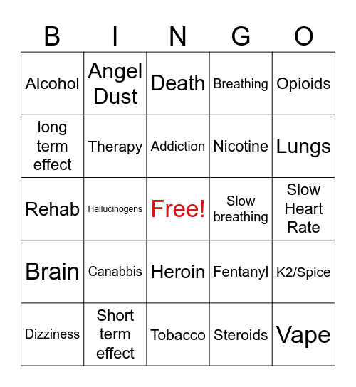 Drugs, Alcohol & Tobacco Bingo Card
