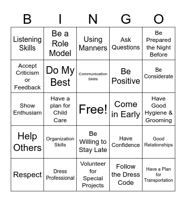 Professionalism BINGO Card