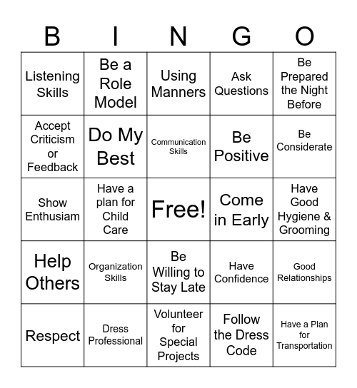 Professionalism BINGO Card