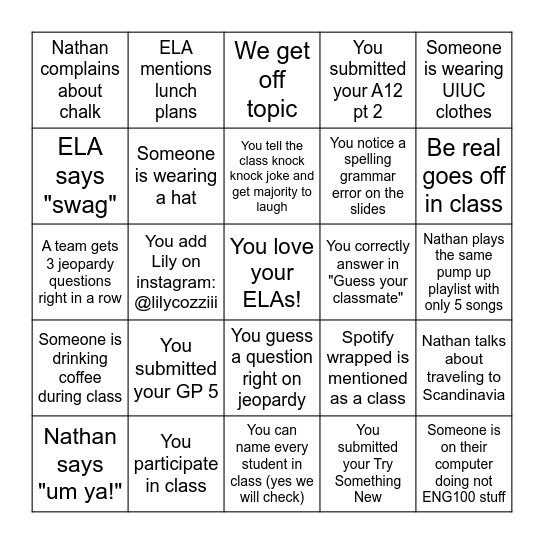 Last ENG100 Class! Bingo Card