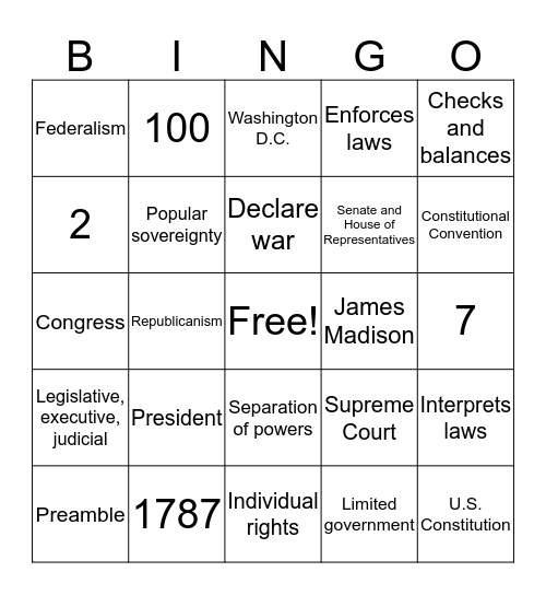 Constitution Bingo Card