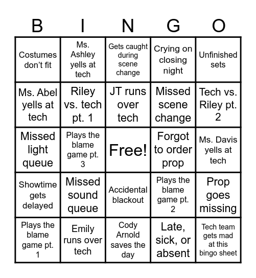 Tech Theater Bingo Card