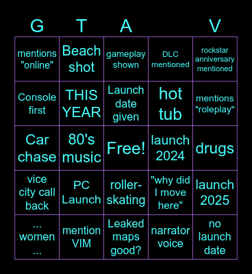 GTA V Trailer Bingo Card