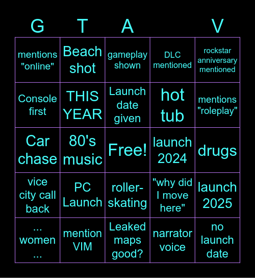 GTA V Trailer Bingo Card