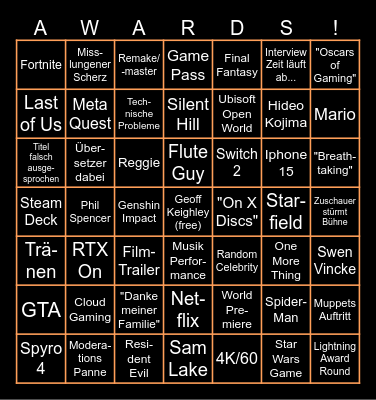 The Game Awards 2023 Bingo Card