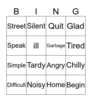 Synonyms  Bingo Card