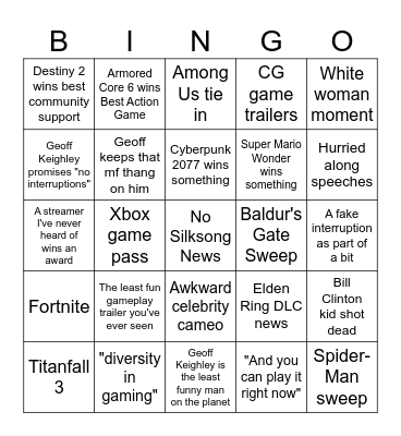 Game Awards 2023 Bingo Card