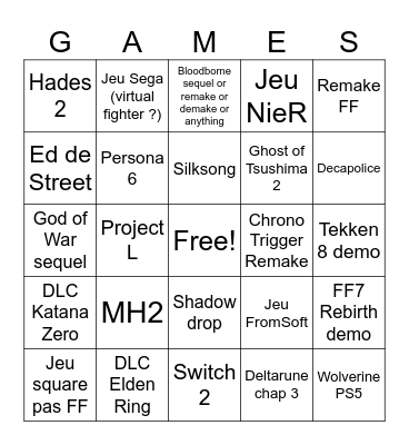 Game Awards 2023 Bingo Card