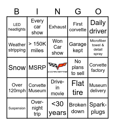 CORVETTE BINGO Card