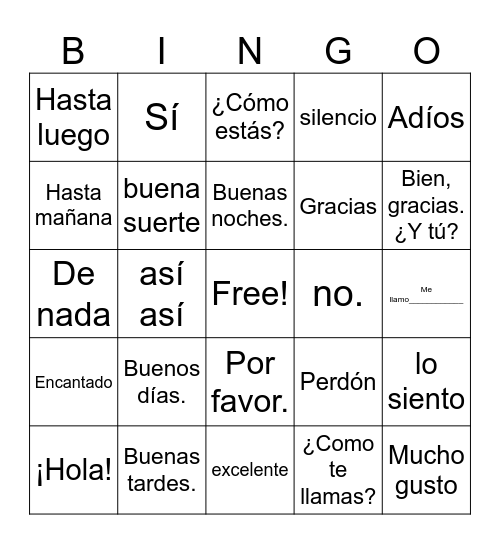 Spanish greetings and courtesies Bingo Card