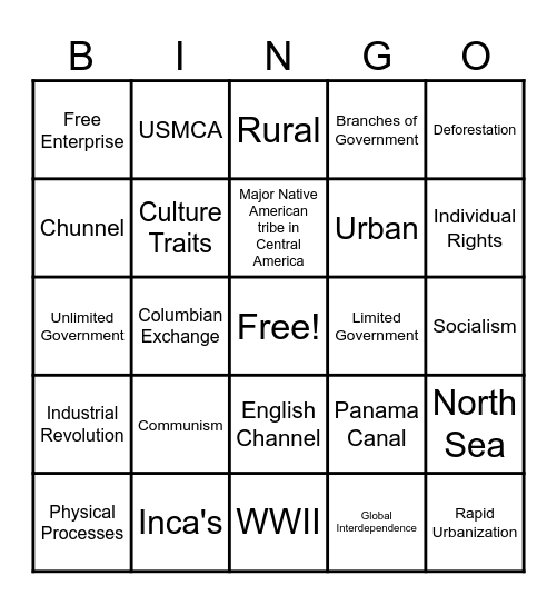 1st Semester World Cultures Bingo Card