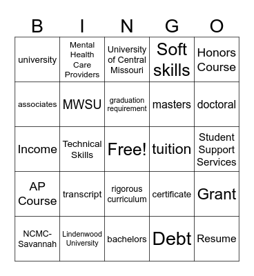 Talent Search High School Bingo Card