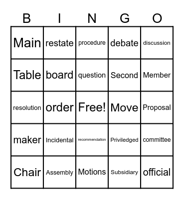 Robert's Rules Of Order Bingo Card