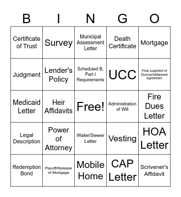 Title Commitment Bingo Card