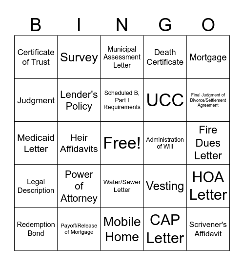 Title Commitment Bingo Card