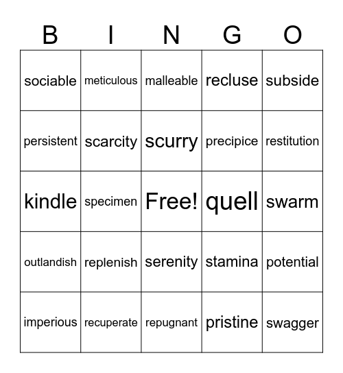 Vocabulary Words 3 Bingo Card