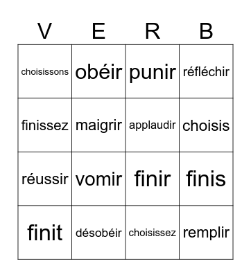Regular French -IR Verbs Bingo Card