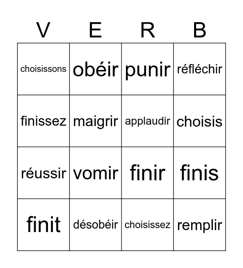 Regular French -IR Verbs Bingo Card