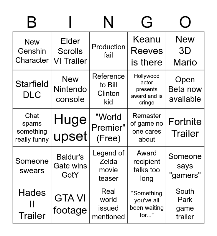 The Game Awards 2023 Bingo Card