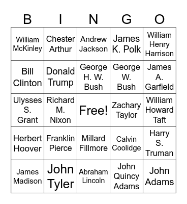 US Presidents Bingo Card
