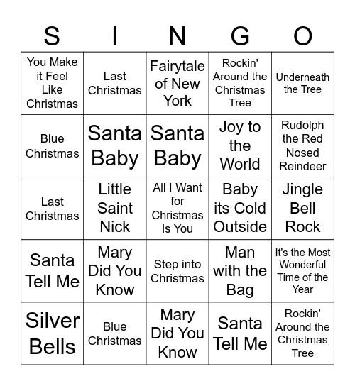 Christmas SINGO!!! Bingo Card