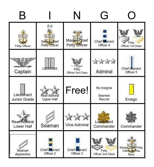 Navy Ranks Bingo Card