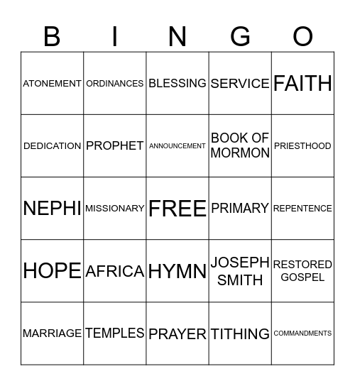 General Conference Bingo Card