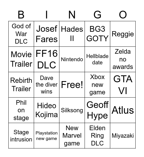 TGA 2023 Bingo Card