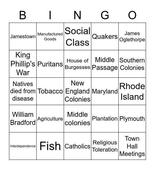 Colonies Bingo Card