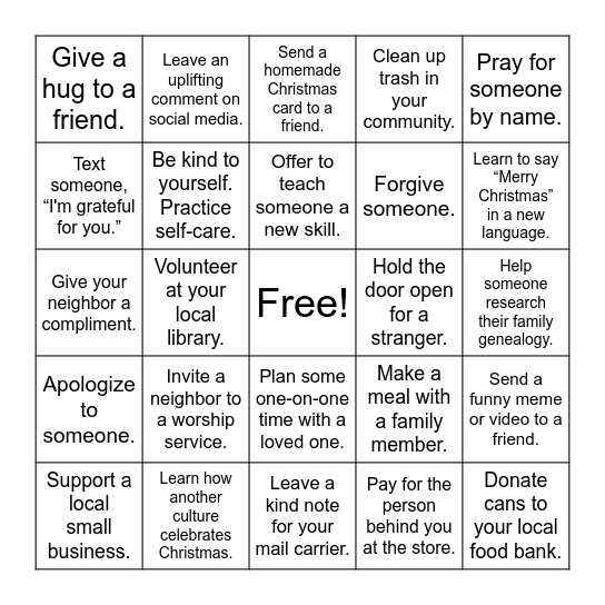 Light the World Bingo Card